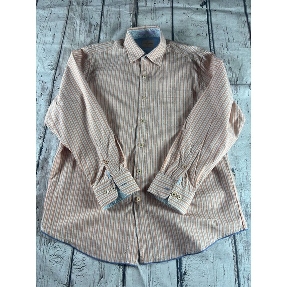 Tommy Bahama Men's LS Shirt~100% Cotton Orange/Blue stripe - Picture 1 of 4